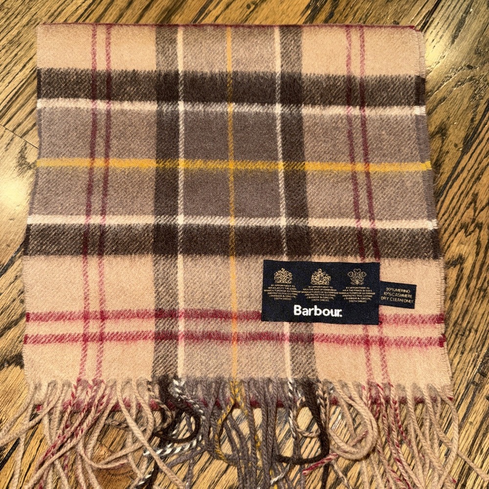 Barbour Tartan Brown Check Plaid Merino Wool Cashmere Rectangle Scarf 10"x72"